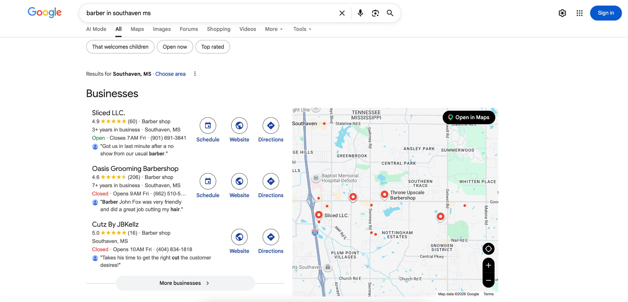 Google search results showing Cutz By JBKellz appearing as the third result for barber in Southaven MS