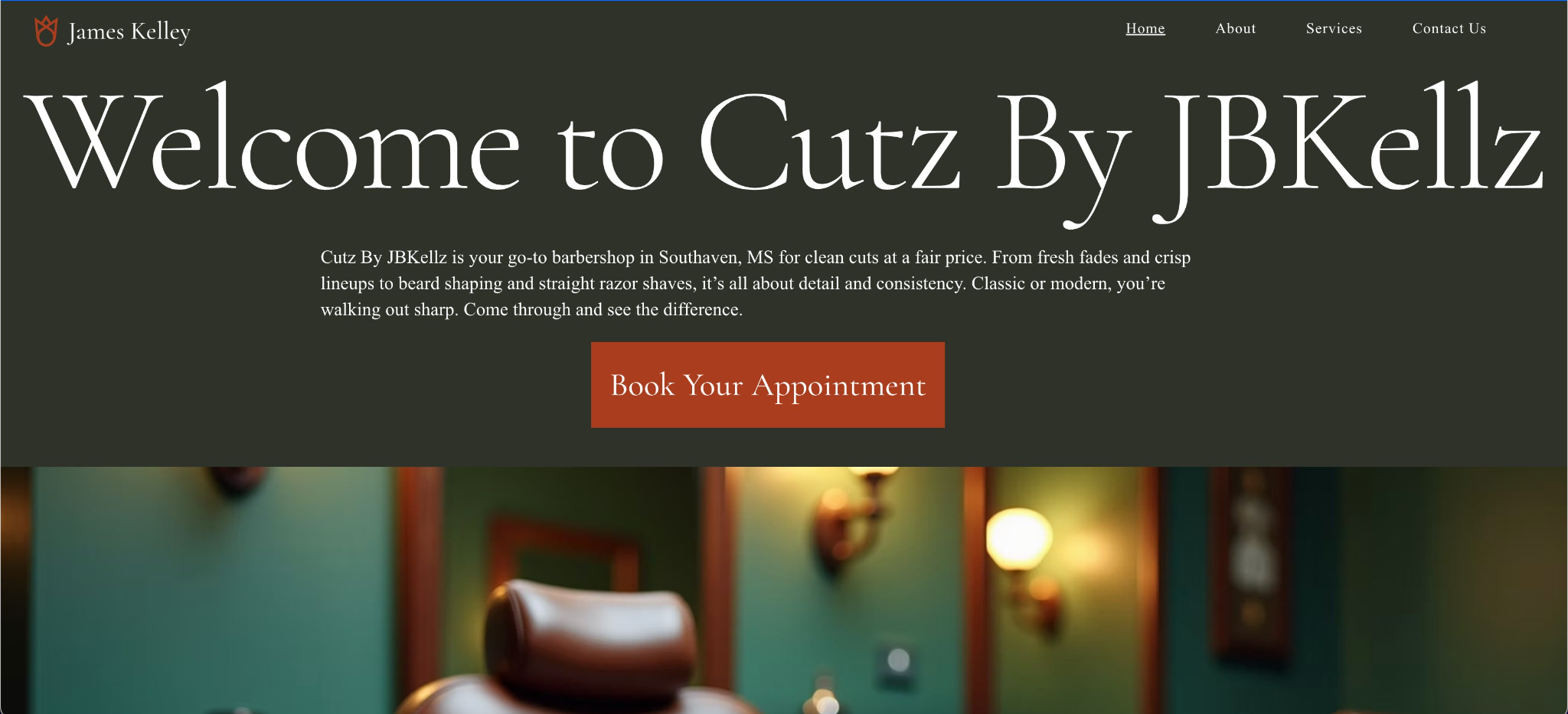 Screenshot of the Kutz by JBKellz website showing the homepage with Welcome to Cutz By JBKellz heading